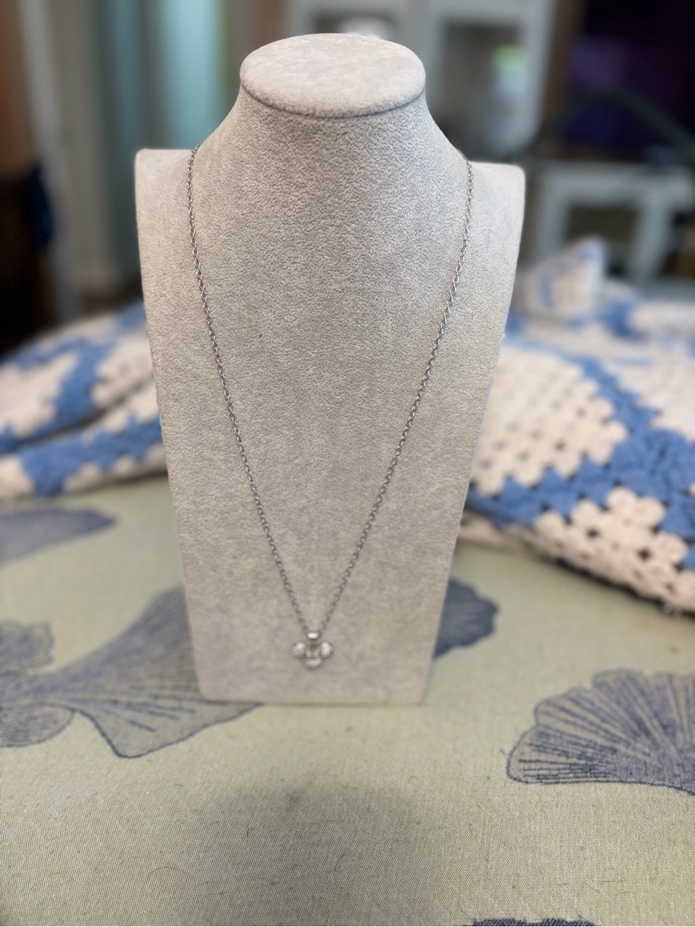 Silver-Tone Rhinestone Mouse Head Bow Pendant Necklace